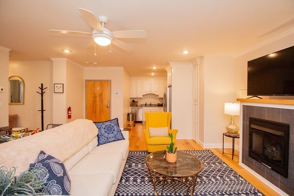 Fireplace, Interior, Kitchen, Living room, Recessed Lighting, Wood Texture Flooring