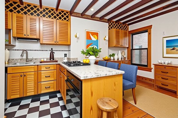Interior, Kitchen, Recessed Lighting, Wooden Beams, Wood Texture Flooring