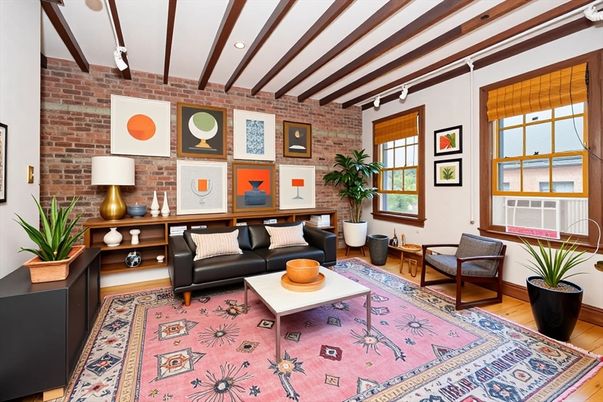 Interior, Living room, Recessed Lighting, Stone Walls, Wooden Beams, Wood Texture Flooring