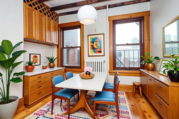 Dining room, Interior, Pendant Lights, Wooden Beams, Wood Texture Flooring
