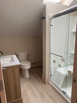 Bathroom, Glass Shower, Interior, Wood Texture Flooring