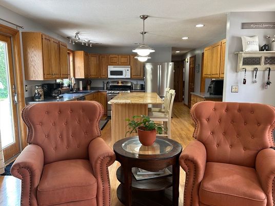Dining room, Interior, Kitchen, Pendant Lights, Recessed Lighting, Stainless Steel Appliances, Wood Texture Flooring
