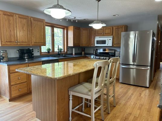 Interior, Kitchen, Pendant Lights, Stainless Steel Appliances, Wood Texture Flooring