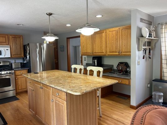 Interior, Kitchen, Pendant Lights, Recessed Lighting, Stainless Steel Appliances, Wood Texture Flooring