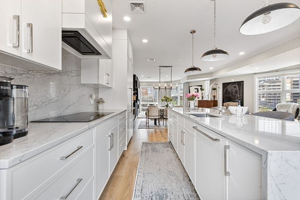 Dining room, Interior, Kitchen, Marble Walls, Pendant Lights, Recessed Lighting, Wood Texture Flooring