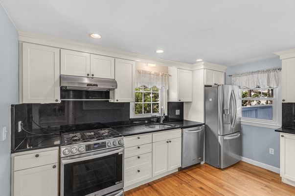 Interior, Kitchen, Recessed Lighting, Stainless Steel Appliances, Wood Texture Flooring