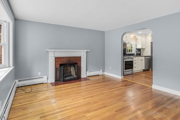 Empty room, Fireplace, Interior, Kitchen, Wood Texture Flooring