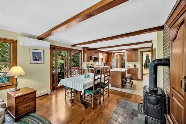 Dining room, Fireplace, Interior, Kitchen, Wooden Beams, Wood Texture Flooring