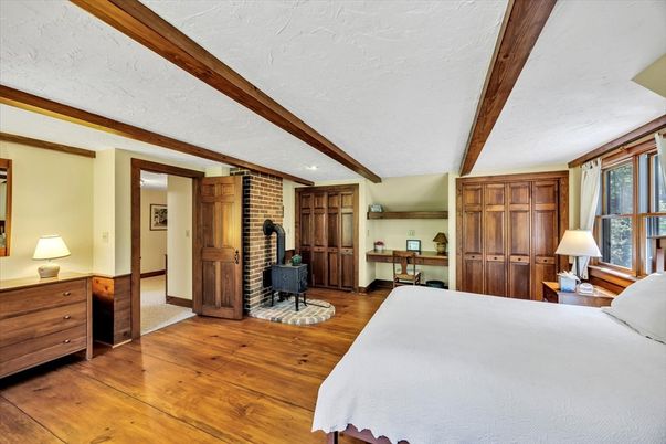 Bedroom, Home Office, Interior, Recessed Lighting, Stone Walls, Wooden Beams, Wood Texture Flooring