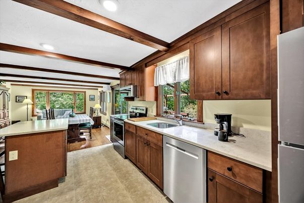Interior, Kitchen, Living room, Recessed Lighting, Stainless Steel Appliances, Wooden Beams, Wood Texture Flooring