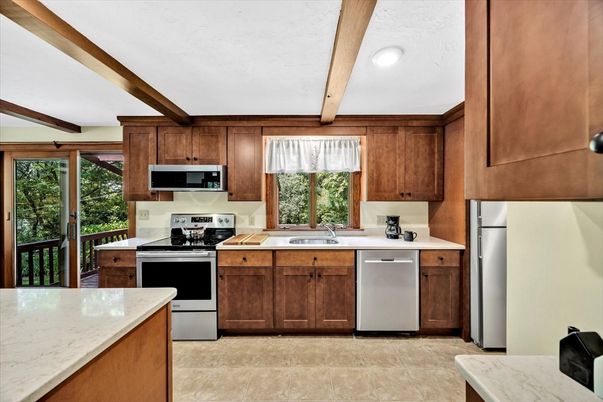 Interior, Kitchen, Recessed Lighting, Stainless Steel Appliances, Wooden Beams