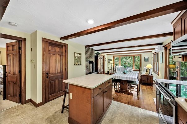 Dining room, Interior, Kitchen, Recessed Lighting, Wooden Beams, Wood Texture Flooring