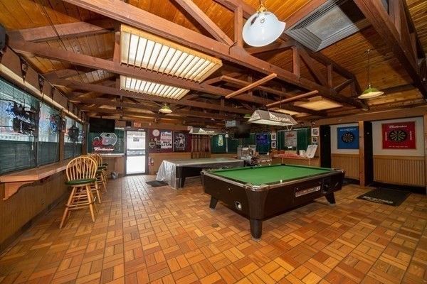 Billiard Table, Game Room, Interior, Pendant Lights, Wooden Beams, Wooden Ceilings