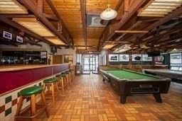 Billiard Table, Game Room, Interior, Pendant Lights, Wooden Beams, Wooden Ceilings, Wood Texture Flooring