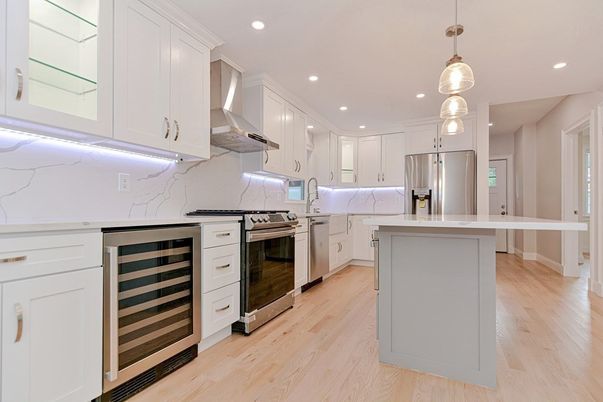 Interior, Kitchen, Pendant Lights, Recessed Lighting, Stainless Steel Appliances, Wood Texture Flooring