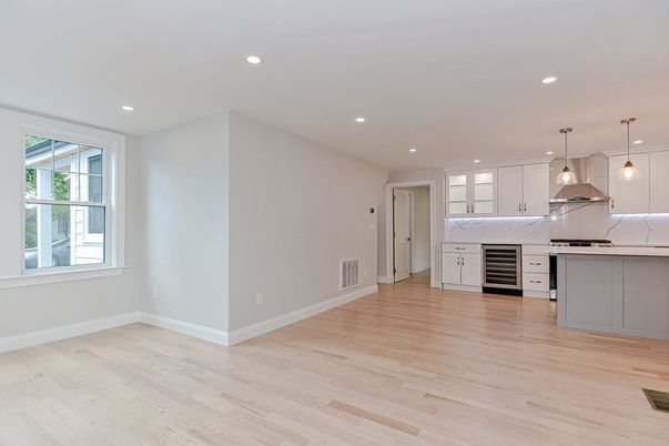Interior, Kitchen, Marble Walls, Pendant Lights, Recessed Lighting, Stainless Steel Appliances, Wood Texture Flooring
