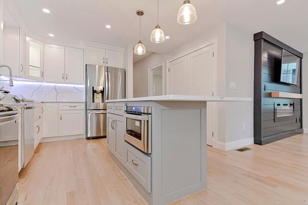 Interior, Kitchen, Pendant Lights, Recessed Lighting, Stainless Steel Appliances, Wood Texture Flooring