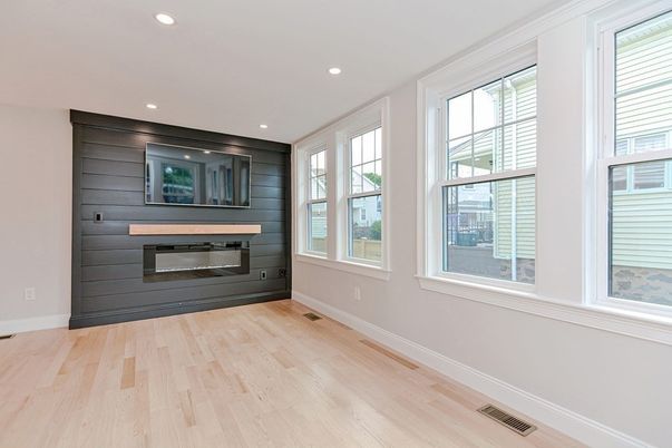 Fireplace, Interior, Recessed Lighting, Wood Texture Flooring