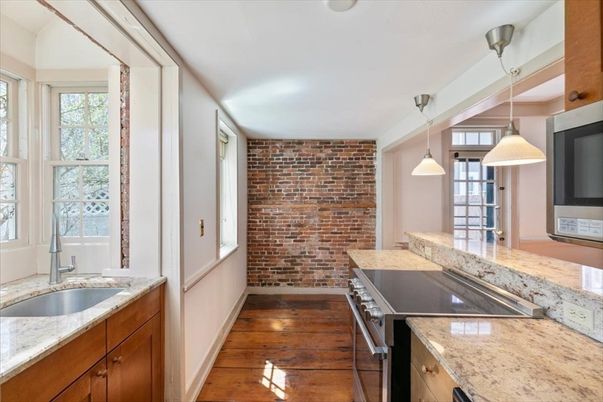 Interior, Kitchen, Pendant Lights, Stone Walls, Wood Texture Flooring
