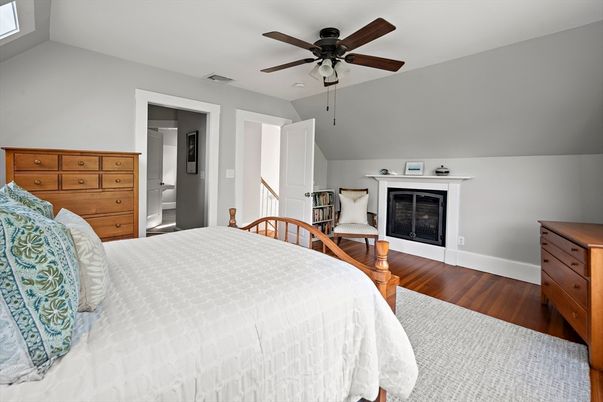 Bedroom, Fireplace, Interior, Wood Texture Flooring