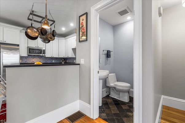 Bathroom, Interior, Kitchen, Pendant Lights, Recessed Lighting, Wood Texture Flooring