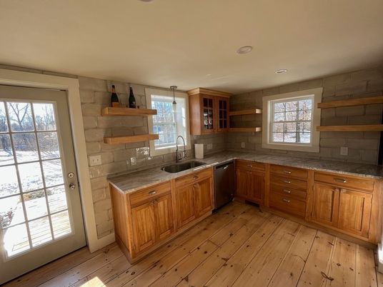 Interior, Kitchen, Recessed Lighting, Stone Walls, Wood Texture Flooring