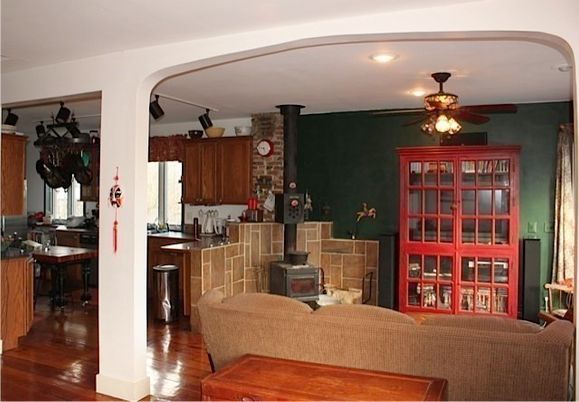 Interior, Kitchen, Living room, Recessed Lighting, Stone Walls, Wood Texture Flooring