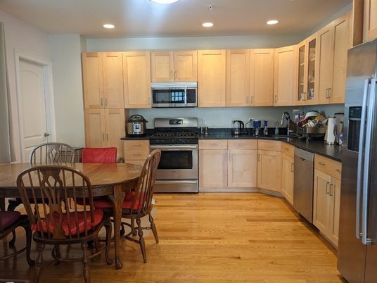 Dining room, Interior, Kitchen, Recessed Lighting, Stainless Steel Appliances, Wood Texture Flooring
