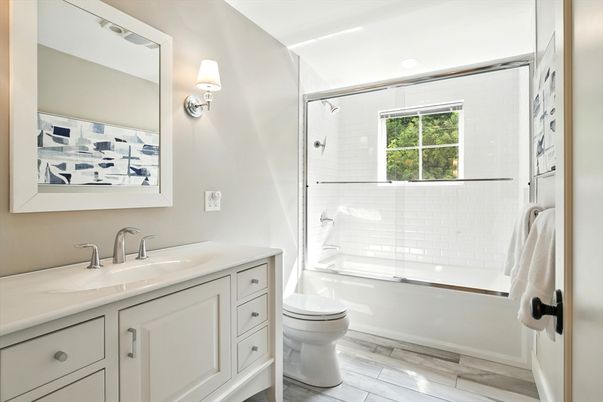 Bathroom, Glass Shower, Interior, Wood Texture Flooring