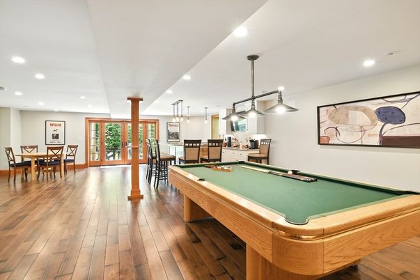 Billiard Table, Dining room, Game Room, Interior, Pendant Lights, Recessed Lighting, Wood Texture Flooring