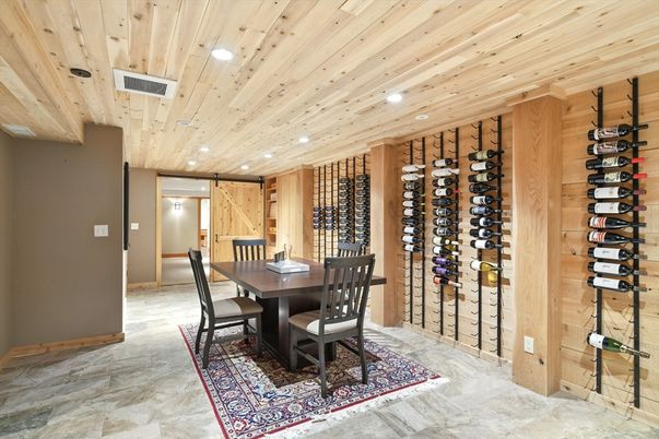Dining room, Interior, Recessed Lighting, Wine Storage, Wooden Ceilings, Wooden Walls
