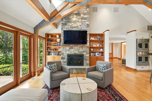 Fireplace, Interior, Living room, Recessed Lighting, Stone Walls, Wooden Beams, Wood Texture Flooring