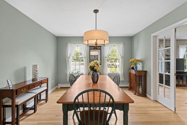 Dining room, Interior, Pendant Lights, Wood Texture Flooring