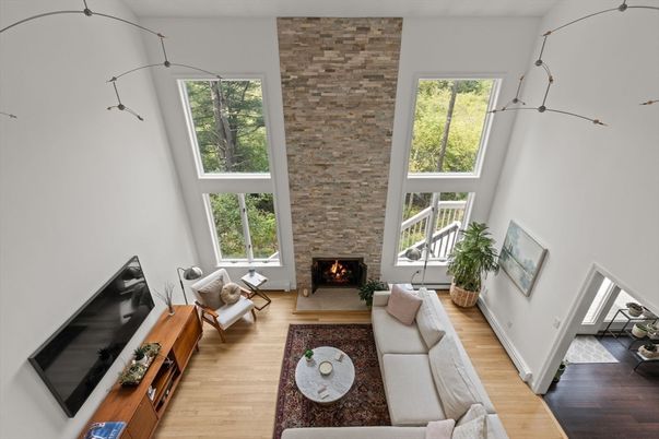 Fireplace, Interior, Living room, Stone Walls, Wood Texture Flooring