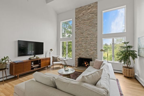Fireplace, Interior, Living room, Stone Walls, Wood Texture Flooring