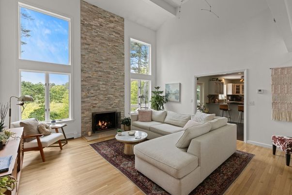 Fireplace, Interior, Living room, Stone Walls, Wood Texture Flooring