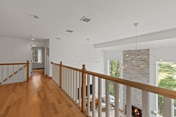 Fireplace, Interior, Pendant Lights, Recessed Lighting, Wood Texture Flooring