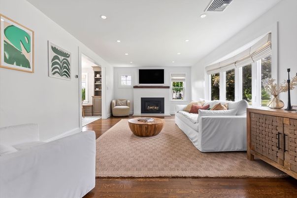 Fireplace, Interior, Living room, Recessed Lighting, Wood Texture Flooring