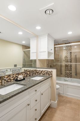 Bathroom, Dual Sink Vanities, Glass Shower, Interior, Recessed Lighting, Wood Texture Flooring