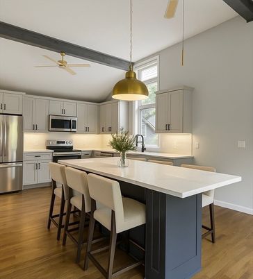 Interior, Kitchen, Pendant Lights, Stainless Steel Appliances, Wood Texture Flooring