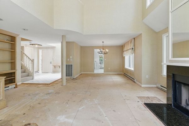 Chandelier, Empty room, Fireplace, Interior