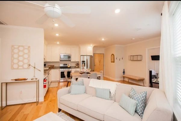 Dining room, Interior, Kitchen, Living room, Recessed Lighting, Stainless Steel Appliances, Wood Texture Flooring