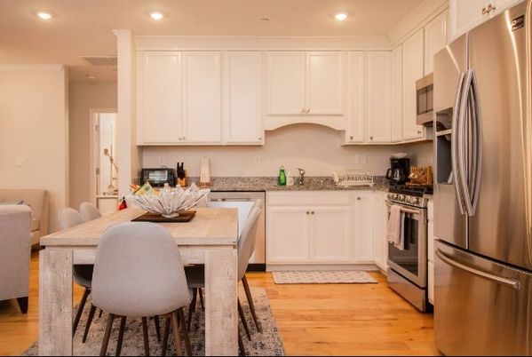Dining room, Interior, Kitchen, Recessed Lighting, Stainless Steel Appliances, Wood Texture Flooring
