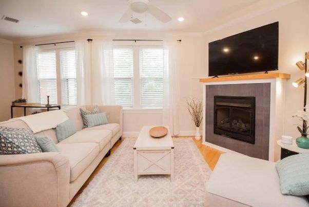 Fireplace, Interior, Living room, Recessed Lighting, Wood Texture Flooring