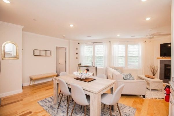 Dining room, Fireplace, Interior, Living room, Recessed Lighting, Wood Texture Flooring