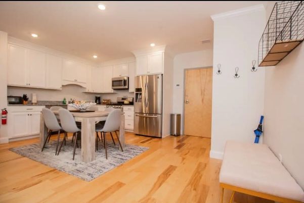 Dining room, Interior, Kitchen, Recessed Lighting, Stainless Steel Appliances, Wood Texture Flooring