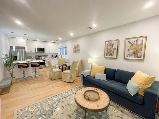Dining room, Interior, Kitchen, Living room, Pendant Lights, Recessed Lighting, Stainless Steel Appliances, Wood Texture Flooring