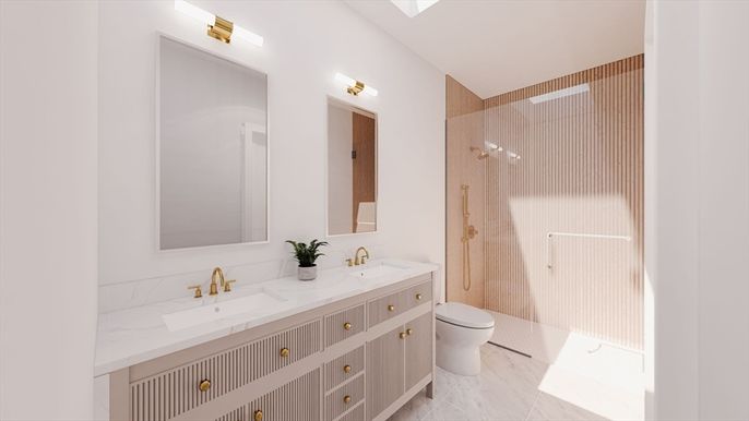Bathroom, Dual Sink Vanities, Glass Shower, Interior, Marble