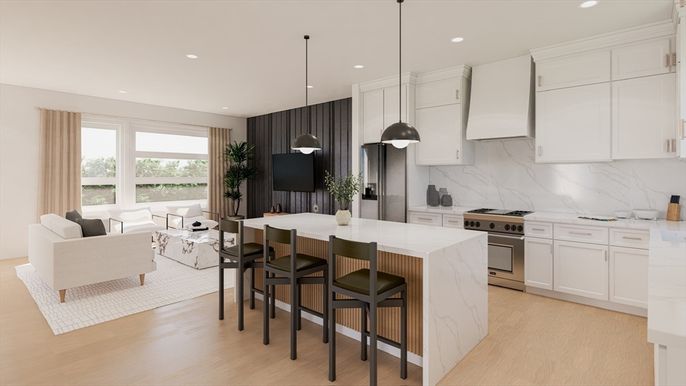 Interior, Kitchen, Living room, Marble Walls, Pendant Lights, Recessed Lighting, Stainless Steel Appliances, Wood Texture Flooring