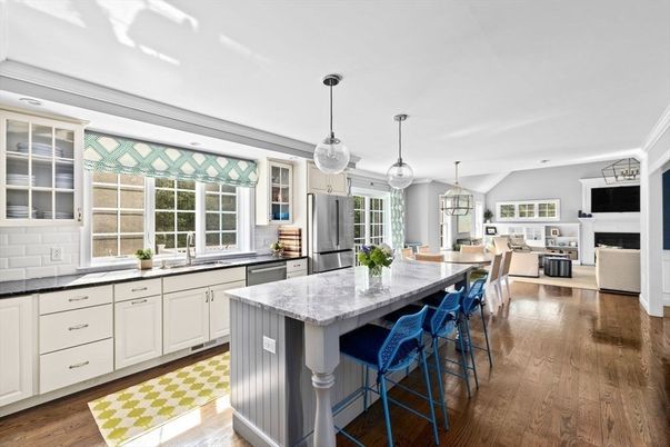 Dining room, Fireplace, Interior, Kitchen, Pendant Lights, Recessed Lighting, Stainless Steel Appliances, Wood Texture Flooring